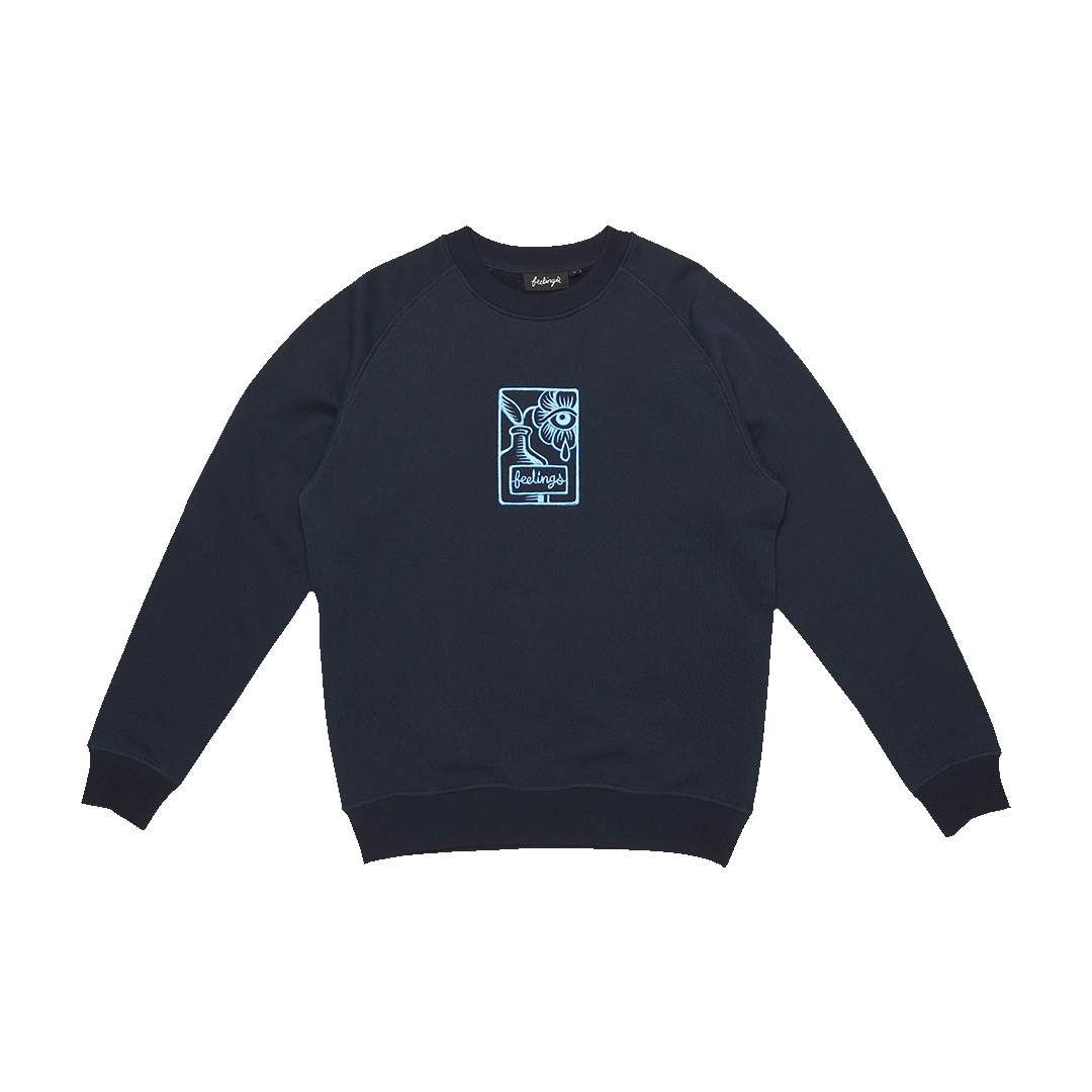 Heavy Crewneck sweatshirt, raglan sleeves, brushed on the inside for gentle feel, cotton poly blend, nylon embroideries, art by Chad Eaton