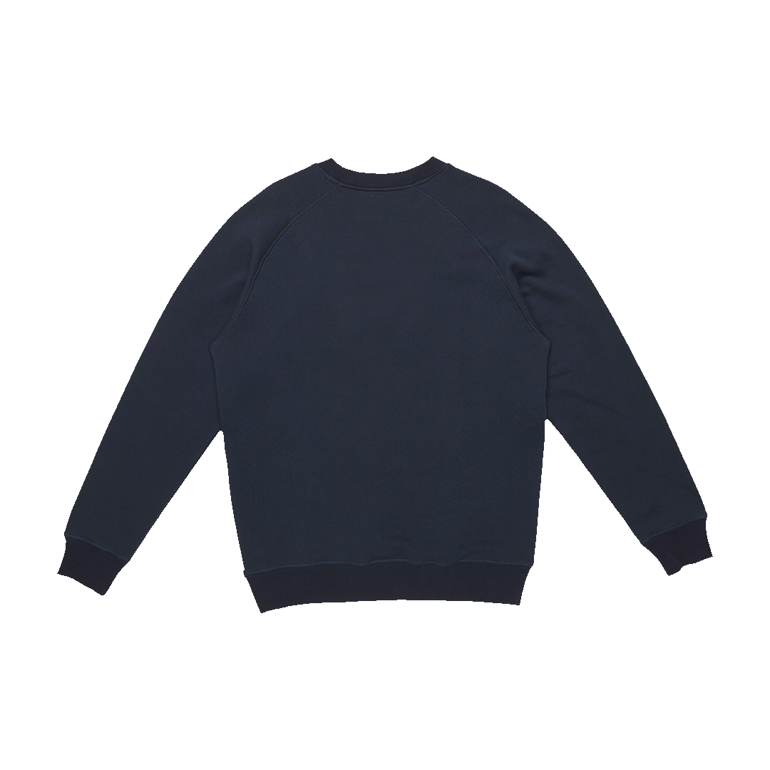 Heavy Crewneck sweatshirt, raglan sleeves, brushed on the inside for gentle feel, cotton poly blend, nylon embroideries, art by Chad Eaton