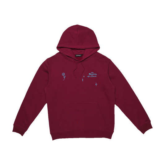 Banks Heavy Hoodie in Burgundy, a heavy cotton poly sweatshirt with a boxy fit for comfort and style. Featuring nylon embroideries of the art by Chad Eaton