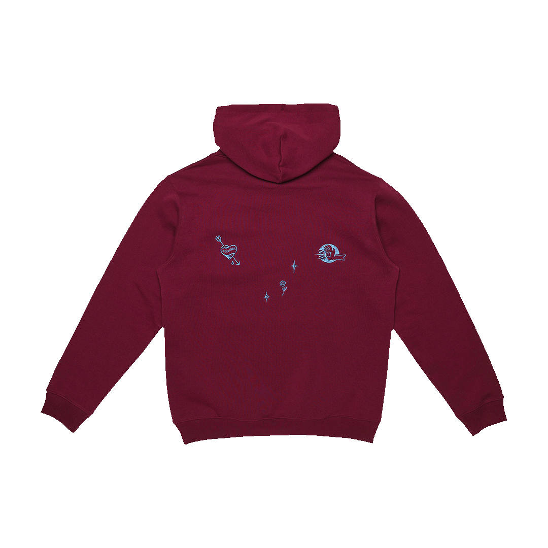 Banks Heavy Hoodie in Burgundy, a heavy cotton poly sweatshirt with a boxy fit for comfort and style. Featuring nylon embroideries of the art by Chad Eaton